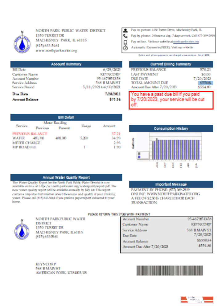 Illinois North Park Public Water District IL utility business bill,  SCR PSD template
